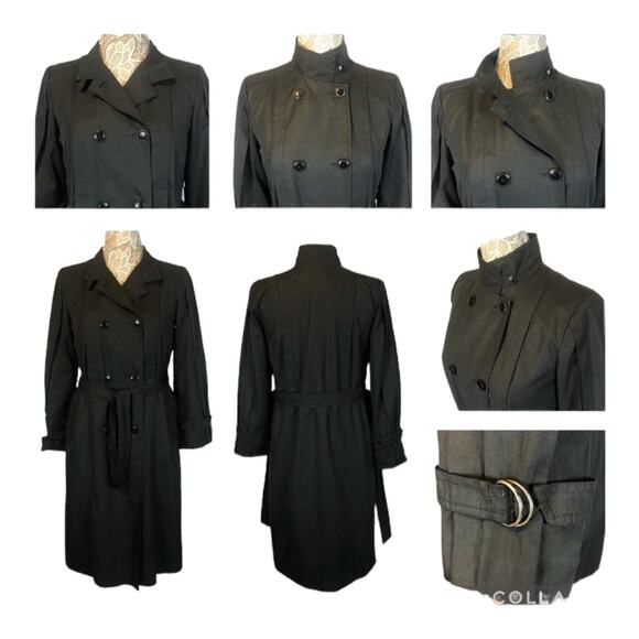 Vintage Concept black double breasted stand collar belted trench coat size large - Picture 3 of 12